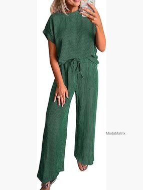 2 Piece Lounge Set Ribbed Knit Short Sleeve Top Wide Leg Pants Travel Outfit